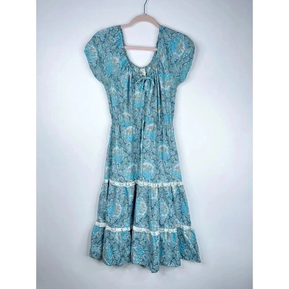 Vintage Dresses & Skirts - Vintage 70s Prairie Dress Paisley Blue White Tiered Floral Peasant Leo New York